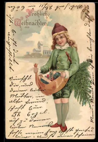 AK Fröhliche Weihnachten, Mädchen trägt Geschenke und einen Weihnachtsbaum nach Hause
