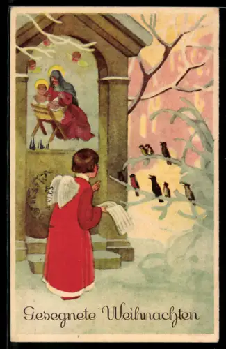 AK Weihnachtsengel vor einem Krippenspiel