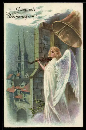 AK Weihnachtsengel mit Geige blickt vom Kirchturm auf den Ort