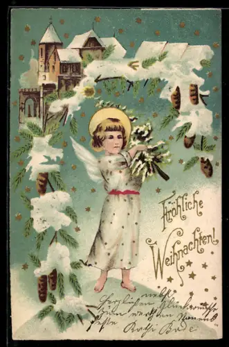 AK Kleiner Weihnachtsengel mit Tannenbaum, Kirche und Sternenhimmel