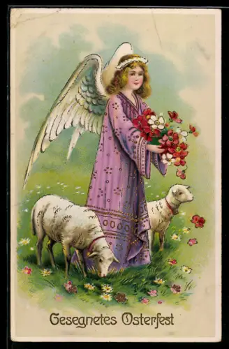 AK Osterengel mit Blumen und zwei Schafen