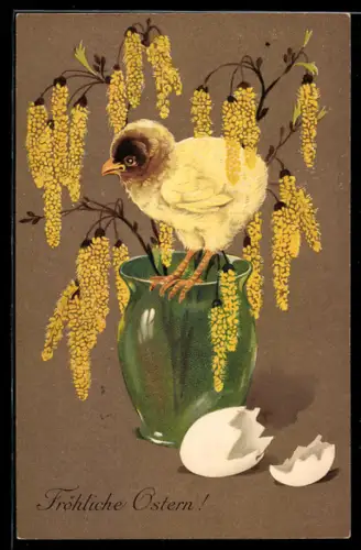 Künstler-AK Osterküken steht auf der Blumenvase, Fröhliche Ostern