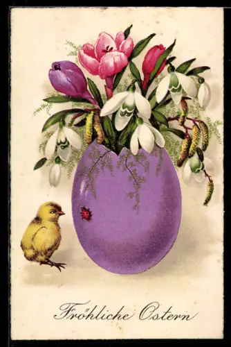AK Ostküken neben einem Ei mit Blumen, darunter Schneeglöckchen