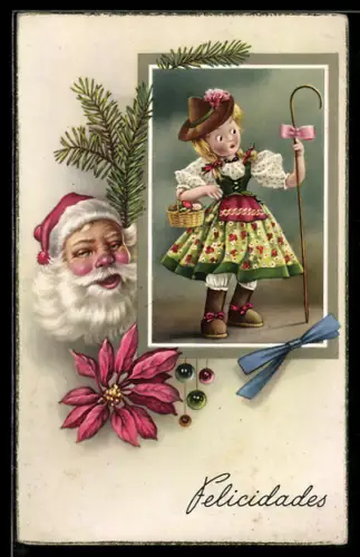 AK Weihnachtsmann mit Blumen neben einer Puppe in Tracht mit Schäferstock