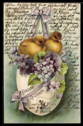 AK Osterküken im Osterei mit Veilchen