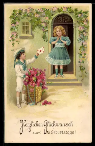 AK Junge überreicht einem Mädchen einen Brief und einen Korb voller Rosen zum Geburtstag