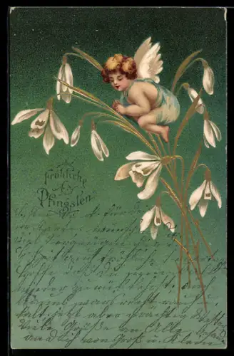 AK Engel sitzt auf Blumen, Pfingstgruss