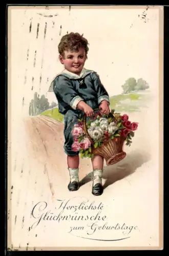 AK Junge trägt einen Korb voller Rosen, Geburtstagsgruss