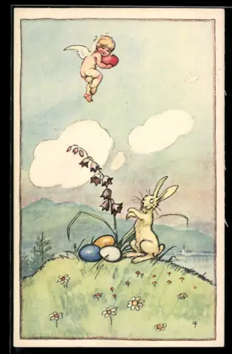 AK Osterengel stiehlt ein Osterei vom Osterhasen
