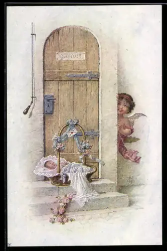 Künstler-AK Amor bringt ein Baby an eine Haustür