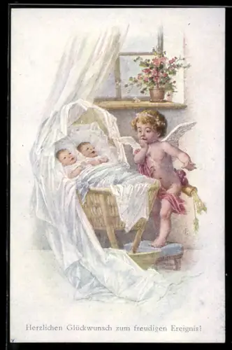 Künstler-AK Kaskeline: Amor am Kinderbett mit Zwillingen, Amors Ueberraschung