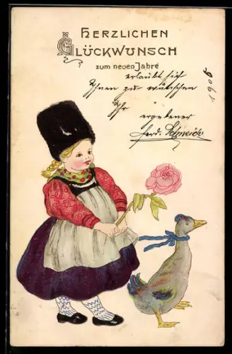AK niederländisches Mädchen mit Rose und Ente, Neujahrsgruss