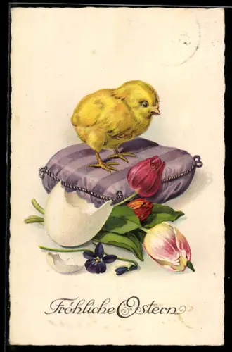 Künstler-AK Fröhliche Ostern, Osterküken mit Tulpen