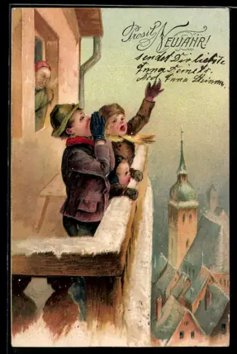AK Kinder rufen vom Balkon im Winter, Neujahrsgruss