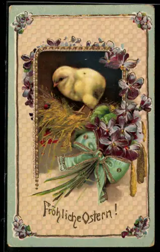 AK Osterküken in einem Nest mit Blumen im Passepartout