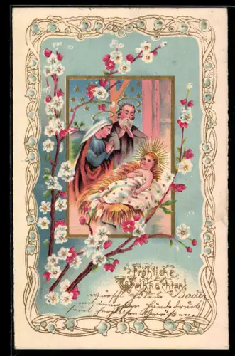 AK Fröhliche Weihnachten!, Maria und Josef mit dem neugeborenen Jesus