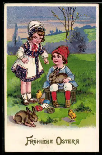 AK Kinder mit Osterhasen und Osterküken auf einer Wiese