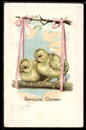 AK Zwei Osterküken hängen an einem Ast