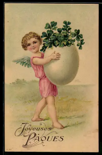 AK Osterengel mit Kleeblättern in der Eierschale