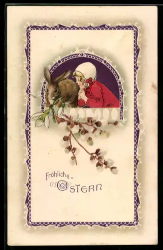 AK Mädchen mit einem Osterhasen und einem Zweig Maiglöckchen