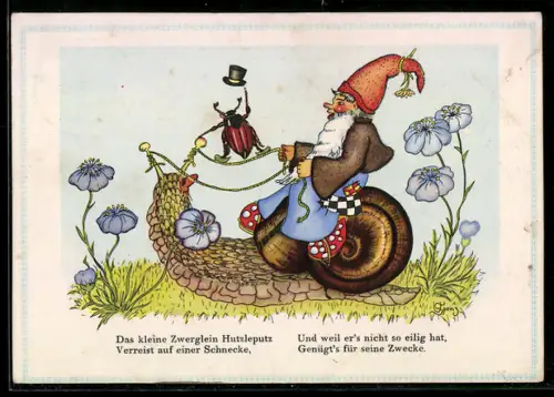 Künstler-AK Das kleine Zwerglein Hutzleputz verreist auf einer Schnecke