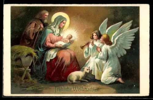 AK Weihnachtsengel knien vor Maria und dem Christkind