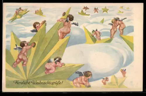 AK Kleine nackte Weihnachtsengel spielen über den Wolken mit Sternen