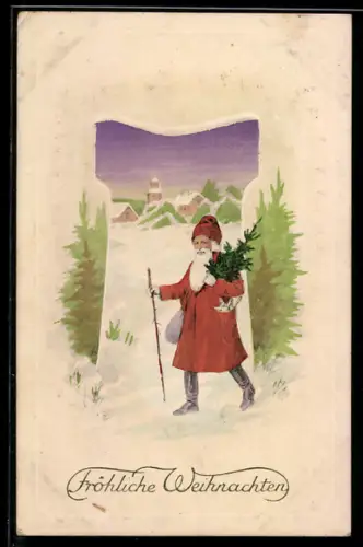 AK Weihnachtsmann bringt Geschenke und Christbaum in eine Ortschaft