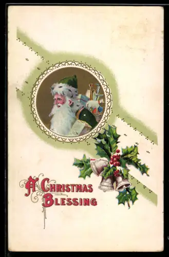 AK Portrait vom Weihnachtsmann mit Glocken an einem Stechpalmenzweig