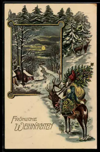 AK Weihnachtsmann reitet mit Geschenken & Christbaum auf einem Rentier