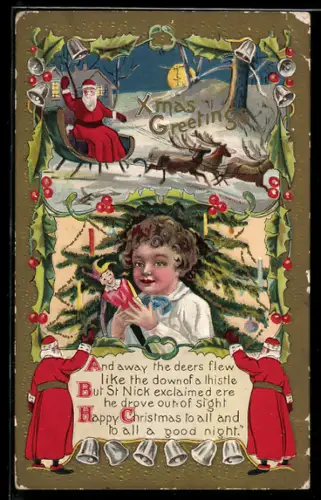 AK Weihnachtsmann fährt auf dem SChlitten durch einen verschneiten Ort