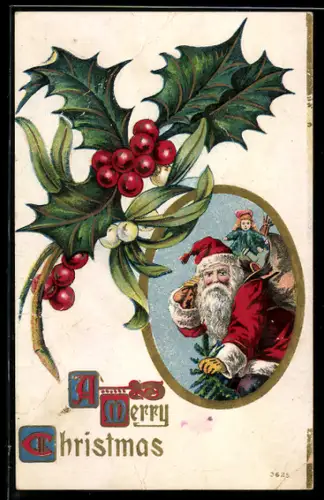 AK Weihnachtsmann mit Geschenken auf dem Rücken mit Stechpalmenzweig im Passepartout