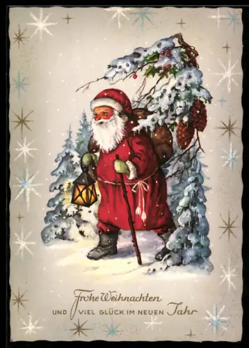 AK Weihnachtsmann mit Laterne läuft durch einen verschneiten Wald