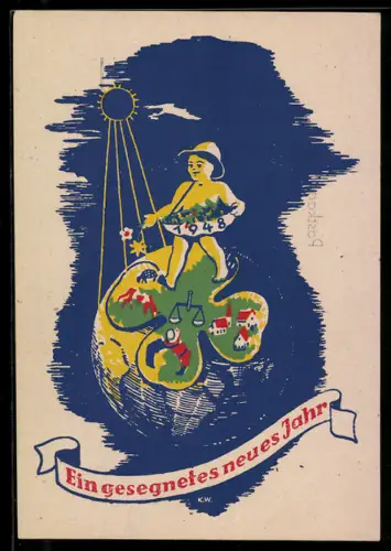 AK Wanderer läuft über den Erdball, Neujahrsgruss