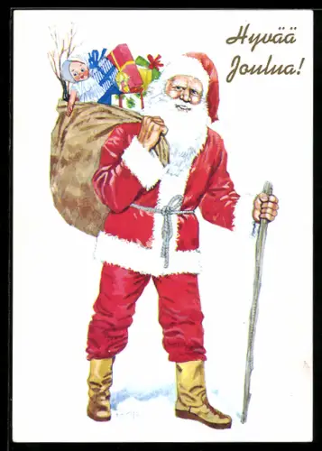 AK Weihnachtsmann mit Wanderstock und einem Sack voller Geschenke