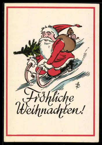 AK Fröhliche Weihnachten, Weihnachtsmann auf einem Schlitten