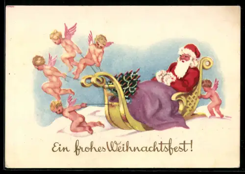 AK Weihnachtsmann in einem von Weihnachtsengeln gezogenen Schlitten