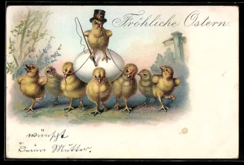 AK Osterküken mit Zylinder wird von anderen Küken getragen