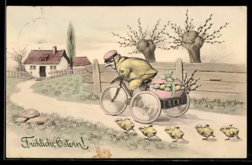 AK Osterküken fährt auf einem Fahrrad in einen Ort