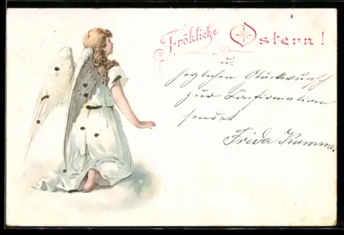 AK Osterengel im weissen Gewand auf den Knien