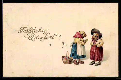 AK Osterküken mit einem Korb voller Eier