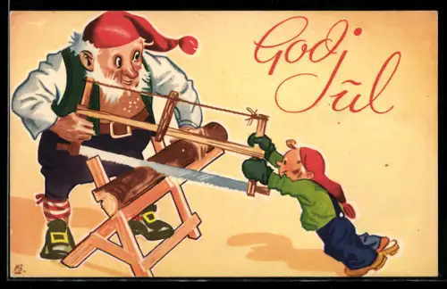 AK Weihnachtsmann und Zwerg zersägen Holz