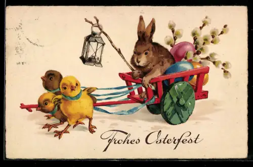 AK Osterhase fährt auf einem von Osterküken gezogenen Wagen