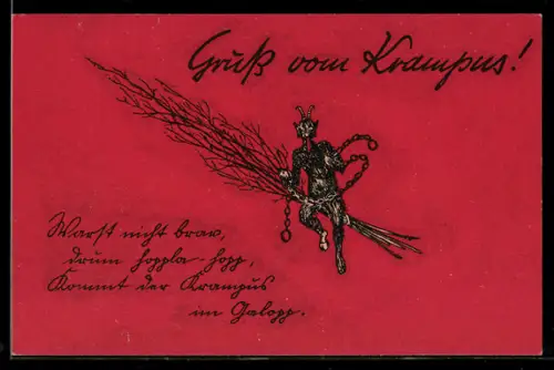 AK Krampus mit seiner Rute, Warst nicht brav, drum hoppla-hopp, kommt der Krampus im Galopp