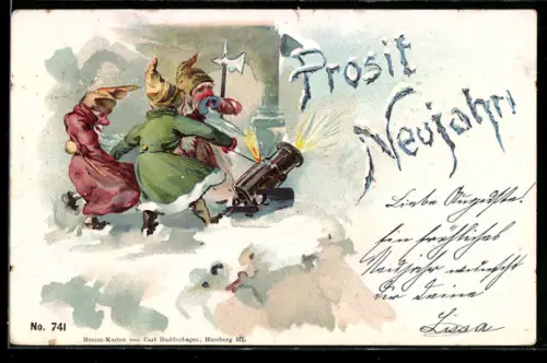 AK Zwerge feuern Kanone zu Neujahr ab