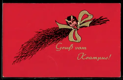 AK Krampus mit heraus gestreckter Zunge und Rute