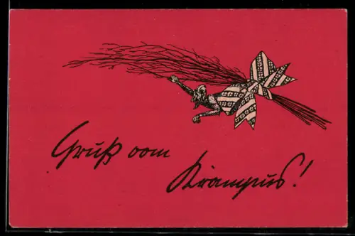 AK Kleiner Krampus mit Rute und Schleife