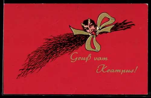 AK Krampus mit heraus gestreckter Zunge und Rute