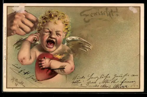 AK Eine Hand zieht Amor am Ohr, Erwischt!