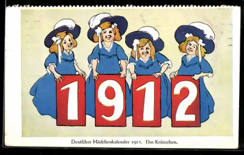 AK Mädchen in blauen Kleidern und mit Hüten, Deutscher Mädchenkalender, Das Kränzchen